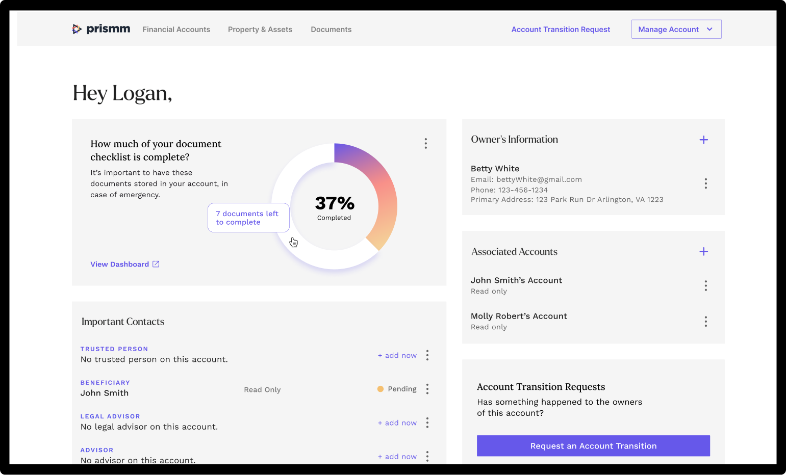 Prismm's client side dashboard view